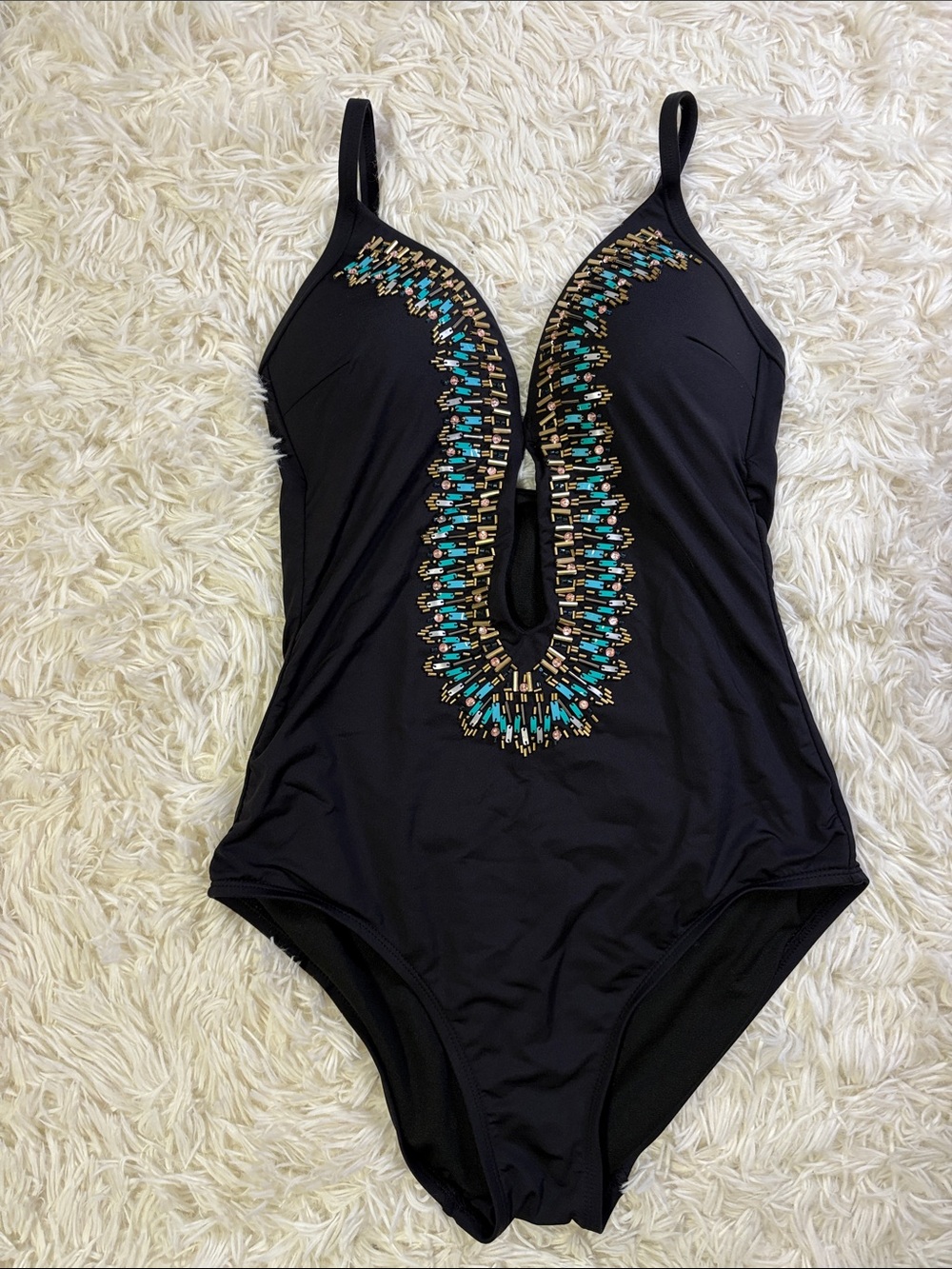 Kenneth Cole Black One-Piece Swimsuit with Turquoise & Gold Embellishment
